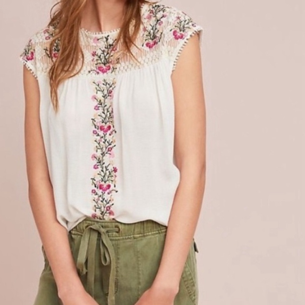Anthropologie Ranna Gill Eloise Embroidered Blouse Top Lace Floral Gauzy Boho Sm